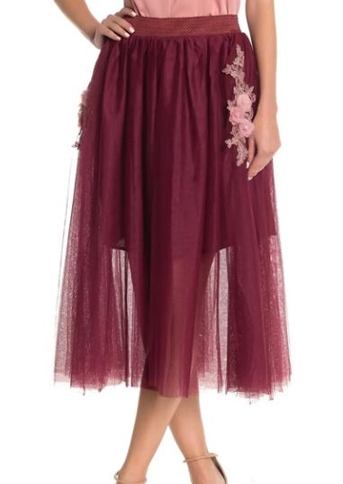 Aratta MEDIUM Burgundy Tulle Skirt w/ Pink Floral Applique Detail